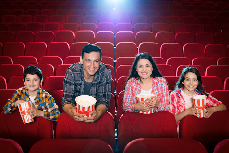 Family watching movie in cinema